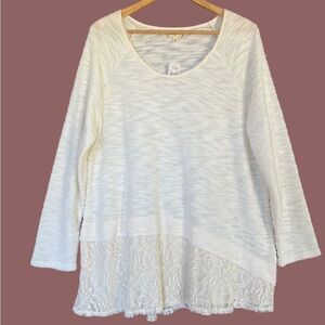 Cloth & Portrait Knit Asymmetric Lace Long Sleeve Cream Womens L